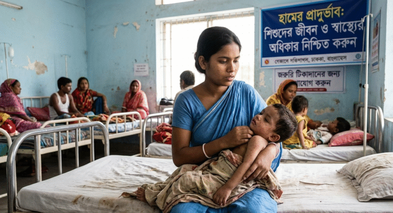 Measles outbreak 2026: A mother and sick child in a Bangladesh infectious disease hospital ward.