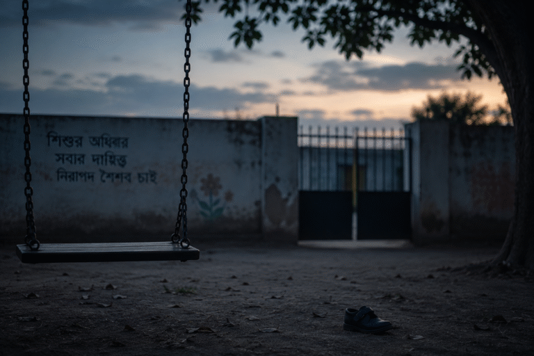 Empty swing and a child's shoe left behind at a school gate in Bangladesh, symbolizing the country's child protection crisis